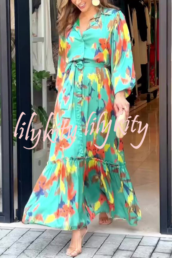 Multicolor Printed Lapel Balloon Sleeves Tie-waist Maxi Dress