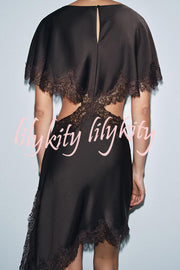 Jessica Satin Lace Trim Cape Sleeves Cutout Waist Asymmetrical Hem Midi Dress
