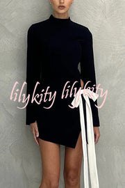 Fashionable Long-sleeved Hollowed-out Bow Slim-fit Mini Dress