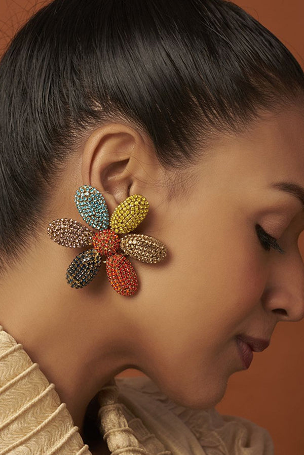 New Rhinestone Colorful Flower Earrings