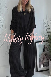 Fashion Striped Print Lapel Loose Top and Elastic Waist Casual Wide-leg Pants Set