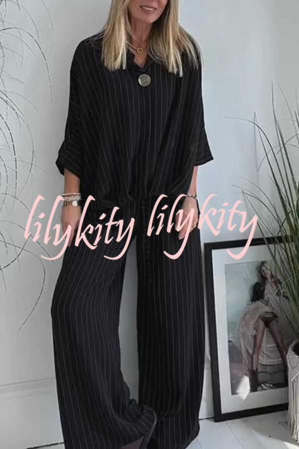 Fashion Striped Print Lapel Loose Top and Elastic Waist Casual Wide-leg Pants Set