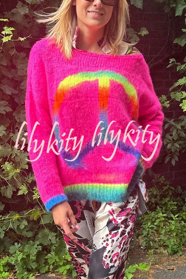 Love and Peace Knit Rainbow Pattern Loose Pullover Sweatershirt