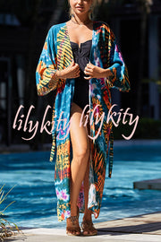 Unique Print Loose Lace Up Holiday Maxi Cover Up