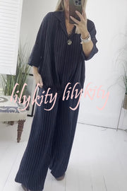 Fashion Striped Print Lapel Loose Top and Elastic Waist Casual Wide-leg Pants Set