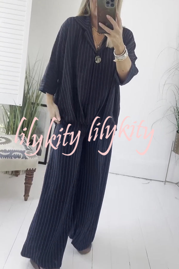 Fashion Striped Print Lapel Loose Top and Elastic Waist Casual Wide-leg Pants Set