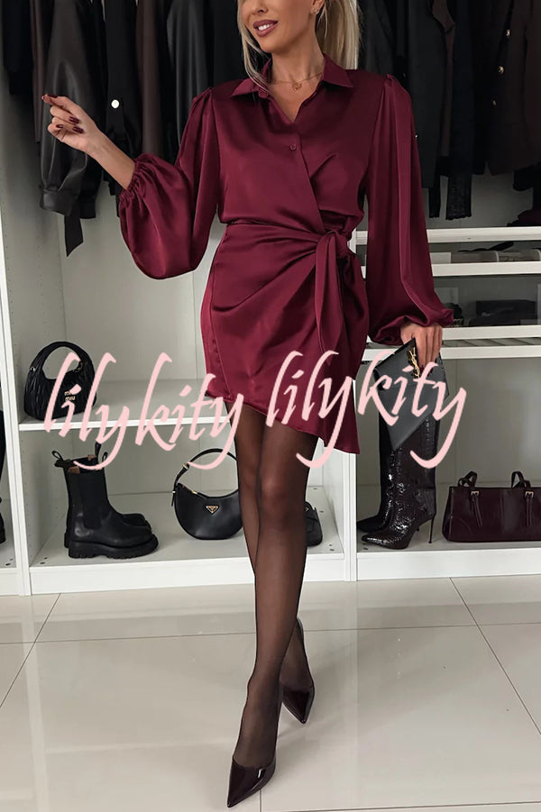 Solid Satin Long Sleeve Tie Waist Irregular Mini Dress