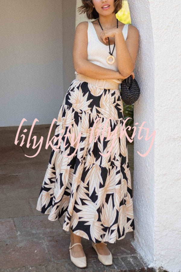 Resort Style Botanical Print Elastic Waist Loose Stitching Midi Skirt