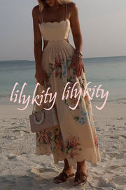 Cabo Sunsets Floral Print Petal Trim Back Lace-up Midi Dress