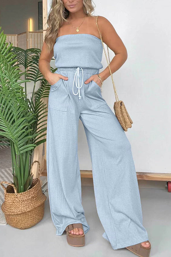 Casually Chic Off Shoulder Drawstring Waist Pocketed Wide Leg Jumpsuit