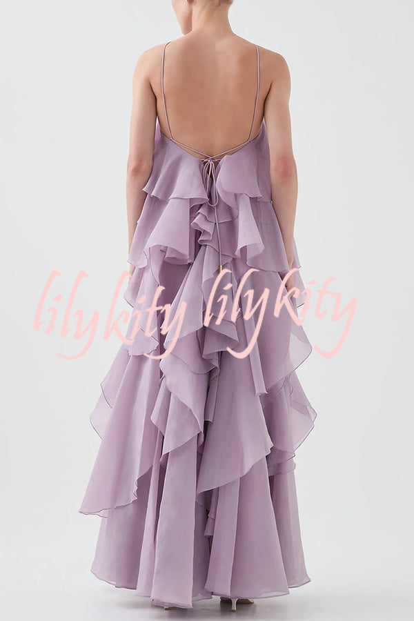 Free - Flowing Rose Detail Tiered Ruffles Halter A-line Maxi Dress