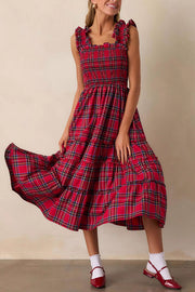 Plaid Print Ruffled Halter Pleated Sleeveless Casual Midi Dress
