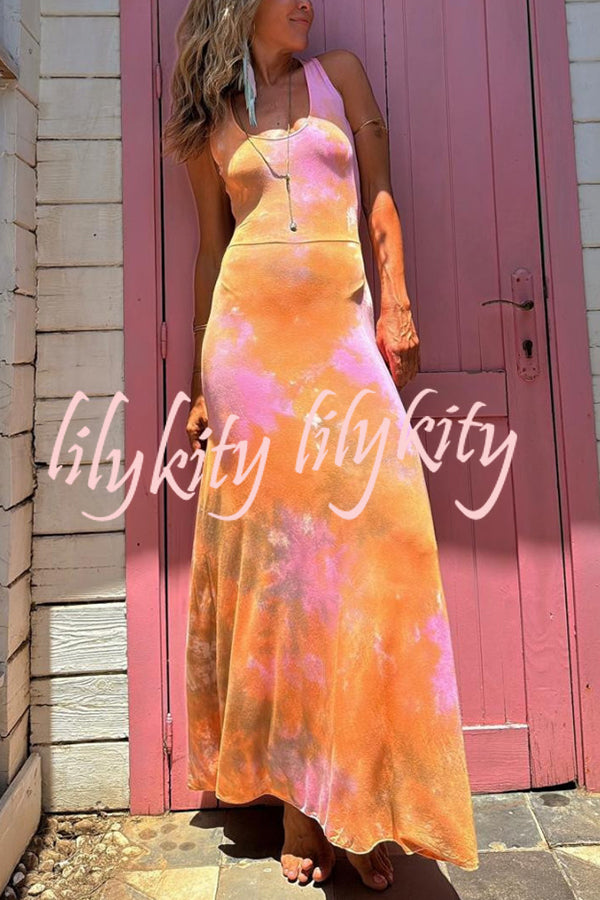 Summer Adventures Tie-dye Print Back Lace-up Stretch Maxi Dress