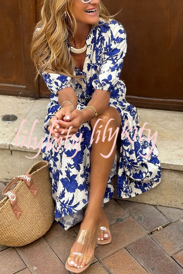 Plant Print V-neck Half-sleeve High Waist Casual Maxi Dress