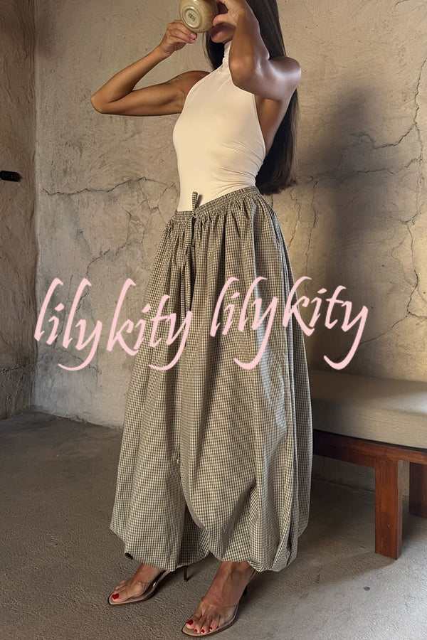 Fashion Plaid Print Elastic Waist Pocket Loose Wide-leg Pants