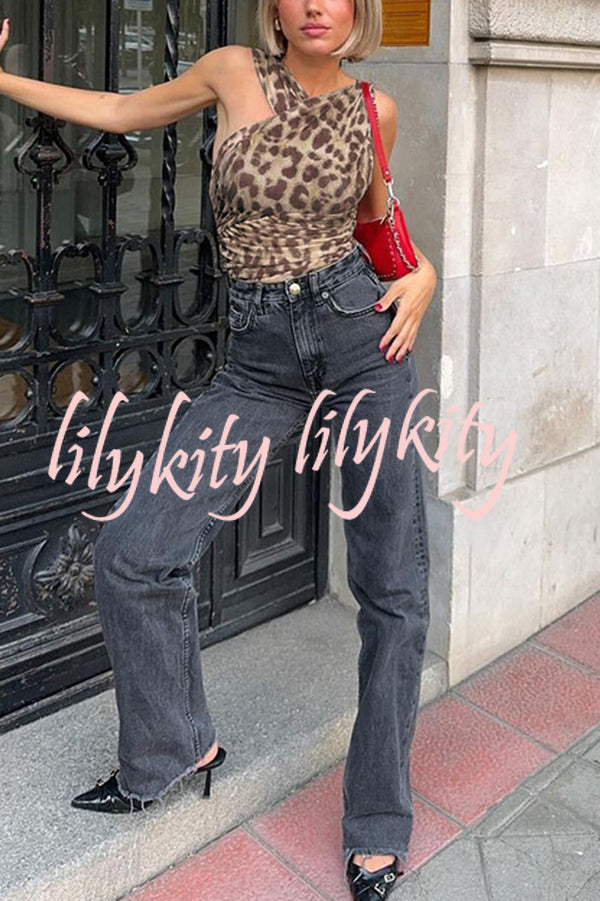 Leopard Print Asymmetric Mesh Pleated Slim-fit Rompers