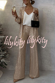 Party Scene Sequin Open Front Long Sleeve Drape Coat