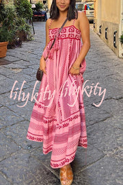 Unique Printed Patchwork Fringed Lace-up Maxi Dress