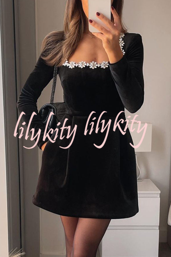 Endless Celebration Velvet Jewel Embellished Trim Long Sleeve Pocketed Mini Dress