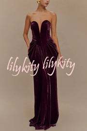 Paige Velvet Off Shoulder Side Pleated Hip Drape Maxi Dress