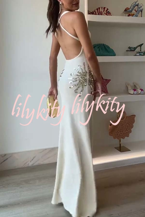 Sparkling Nights Knit Sunburst Sequin Detail Back Cross Straps Stretch Maxi Dress