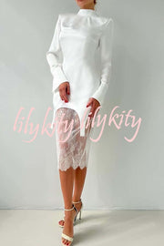 Melissa Satin High Neck Long Sleeve Curved Hem Top and Lace Midi Skirt Set