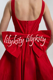Red Drama Taffeta Square Neck Back Oversized Bow Pocket Mini Dress