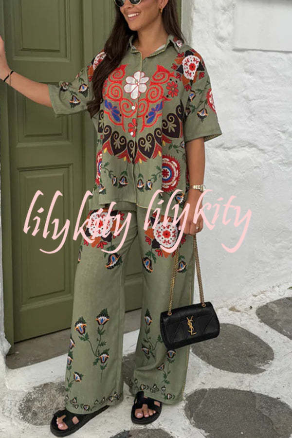 Fiji Ethnic Unique Printed Casual Shirt and Elastic Waist Wide Leg Pants Set