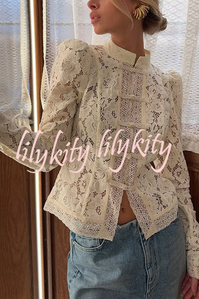Fashion Hollow Lace Stand Collar Long Sleeve Slim Shirt