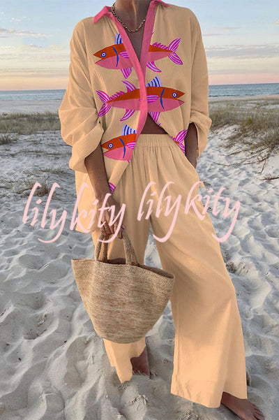 Pink Fish Print Oversized Shirt and Elastic Waist Pocket Pants Set