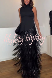 Chic Celebration Layered Sequined Tassels Slip Strapless H-line Midi Dress