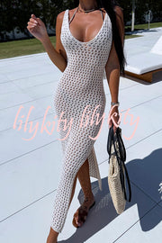 Solid Color V-neck Hollow Beach Knitted Cover-up Midi Dress