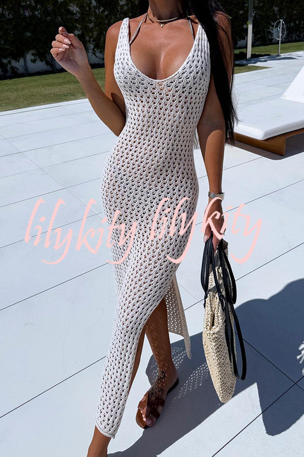 Solid Color V-neck Hollow Beach Knitted Cover-up Midi Dress