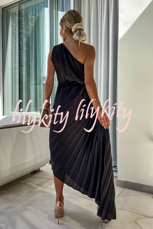 Romantic Nights Satin Raised Flower Elastic Cutout One Shoulder Pleated Maxi Dress