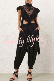 Esella Satin Gathered Waist Pocket Button Ankle Cuffs Harem Pant