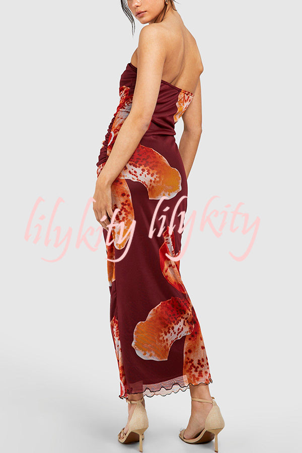 Oh So Sunny Mesh Floral Print Bandeau Stretch Maxi Dress