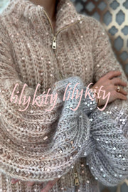 Warm Shining Heart Knit Sequin Balloon Sleeve Zipper Neck Loose Cardigan