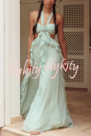 Gorgeous Vacation Halter Rose Detail Cut Out Ruffles Backless Maxi Dress