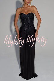 Carina Sequined and Satin Jersey Off Shoulder Ruched Knot Drape Maxi Dress
