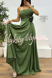 Nasha Satin Pleated One Shoulder Petal Gemstone Detail Pocket Slit Maxi Dress