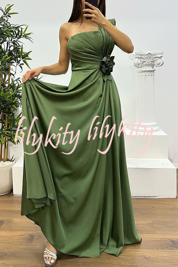 Nasha Satin Pleated One Shoulder Petal Gemstone Detail Pocket Slit Maxi Dress