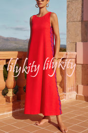 Vacation Villa Side Ric Rac Wave Trim Slit Loose Maxi Dress