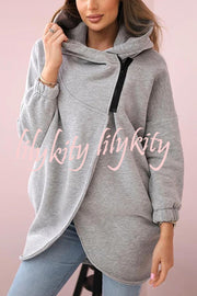 Solid Color Loose Hooded Zip-up Casual Sports Jacket