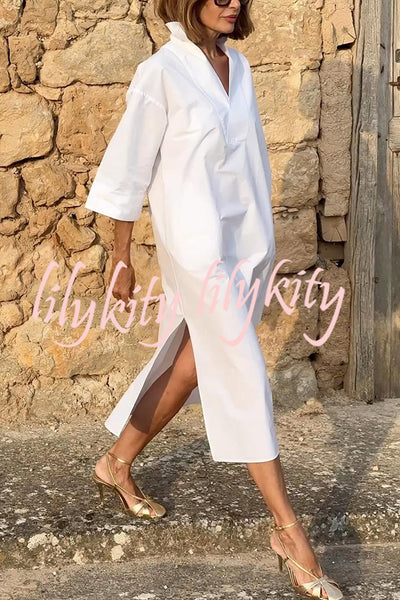 Solid Color V-neck Half-sleeve Loose Slit Midi Dress