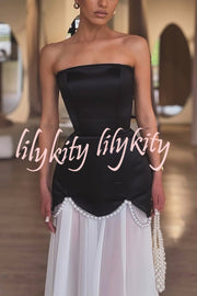 Jiya Satin Petal Hem Pearl Detail Chiffon Cape Strapless Maxi Dress