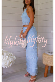 Feel Chic and Romantic Sequin Textured Material Drawstring Waist Tiered Maxi Skirt