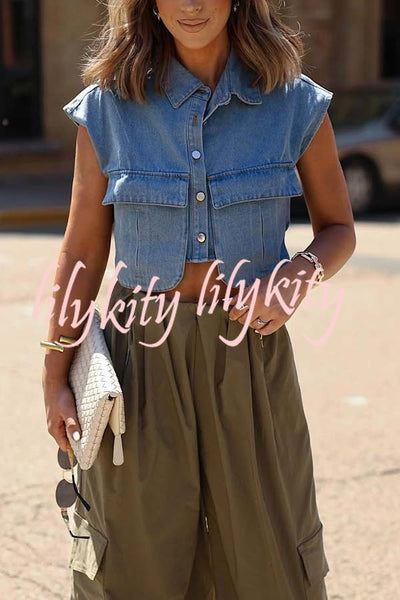 Stylish Weekend Denim Button Up Cape Sleeve Pocket Crop Top