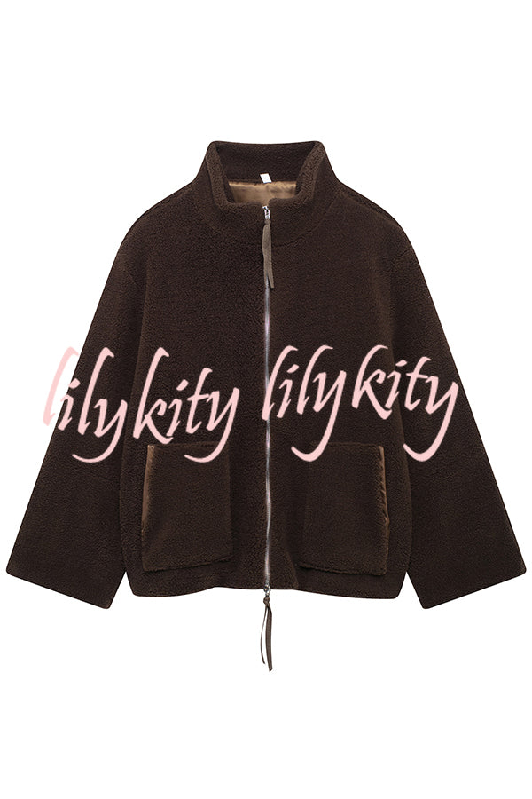 Solid Color Stitching High Collar Long Sleeve Loose Pocket Woolen Coat