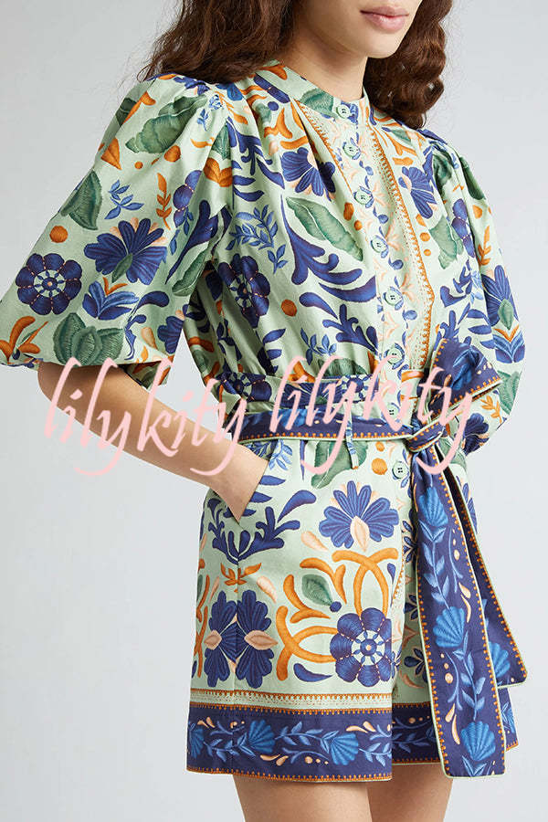 Elouise Linen Blend Unique Print Button Puff Sleeves Tie-up Pocketed Romper