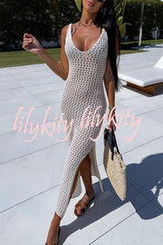 Solid Color V-neck Hollow Beach Knitted Cover-up Midi Dress